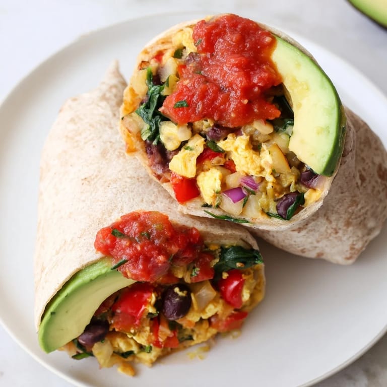 Golden scrambled eggs and vibrant veggies in a delicious Veggie-Loaded Breakfast Burrito, ready to eat.