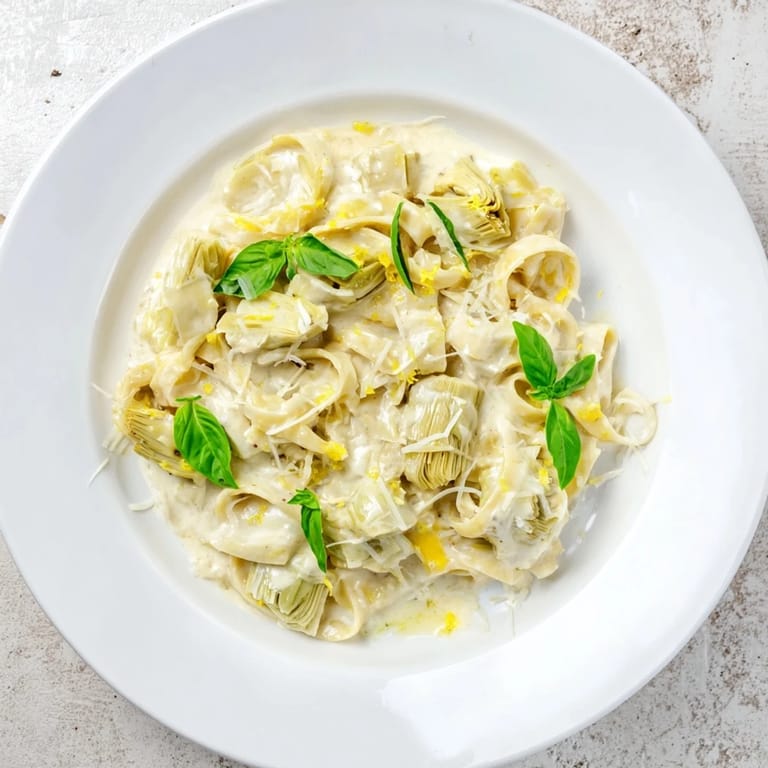 Bright, flavorful Creamy Lemon Artichoke Pasta, served with fresh basil for a delightful vegetarian meal idea.