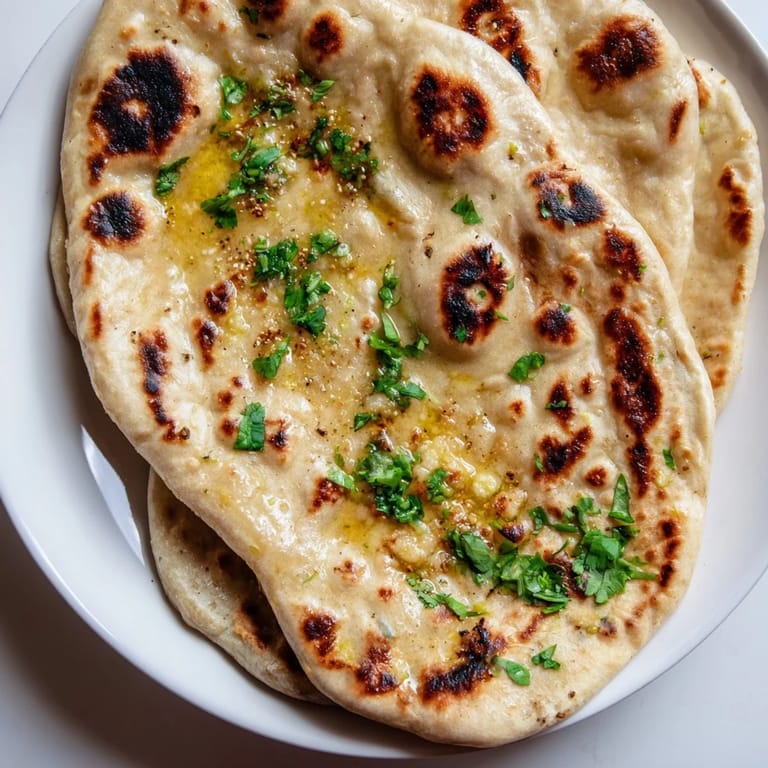 Fluffy, warm garlic naan fresh from the skillet, offering a delicious aroma with every bite.