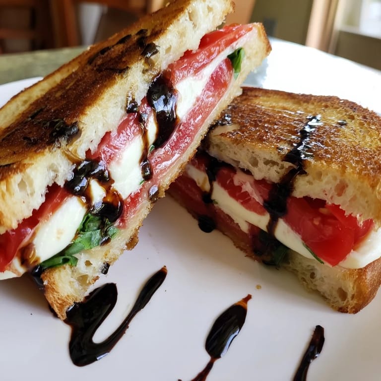 Mouthwatering Caprese salad grilled cheese, featuring fresh basil and balsamic glaze, ready to eat.