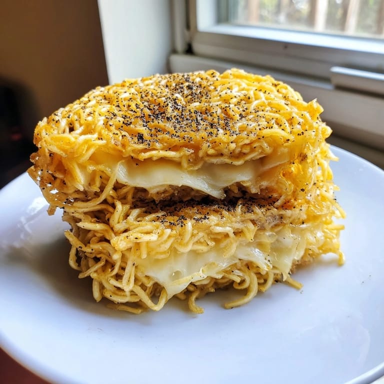 Savory ramen grilled cheese: golden, textured ramen "buns" sandwiching gooey, warm, melted cheese.