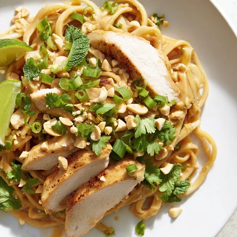 Vivid image of flavorful Thai Peanut Chicken Pasta, featuring chicken, pasta, and peanut sauce.