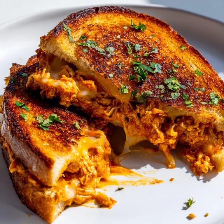 A close-up of a warm, comforting Savory Butter Chicken Grilled Cheese with melted cheese pull.
