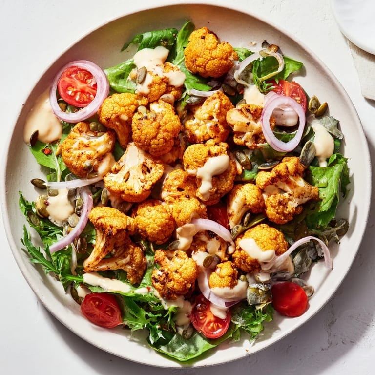 A close-up of a Crispy Cauliflower Salad featuring roasted cauliflower atop a bed of greens and tahini dressing.