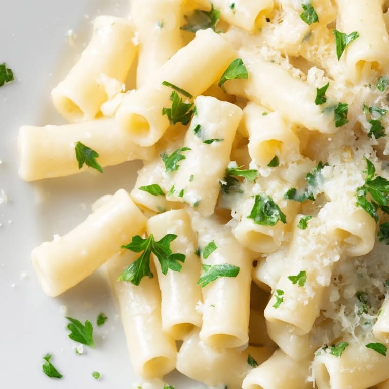 Enjoy a bowl of warm ditalini pasta in creamy garlic sauce, perfect for a cozy dinner.
