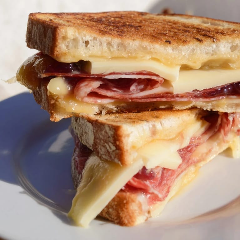 Savory charcuterie grilled cheese with oozing cheese and crisp bread, a perfect lunch.