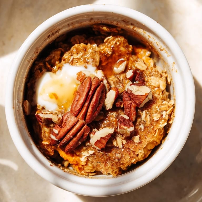 Fluffy, cake-like texture of Pumpkin Spice Baked Oats with a sprinkle of pecans, ready to eat.