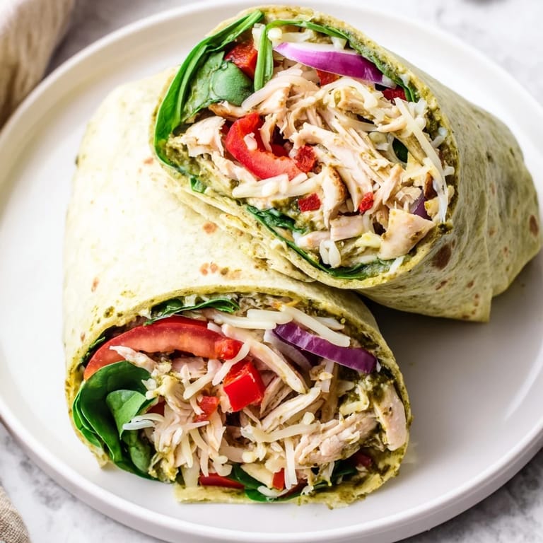 A close-up of a delectable pesto chicken wrap, showing layers of flavor and ingredients.