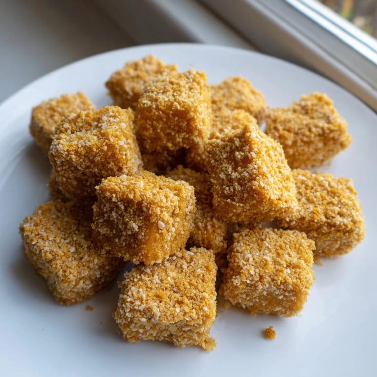 Close-up of freshly fried crispy tofu nuggets, delightfully crunchy with a flavorful, seasoned coating.