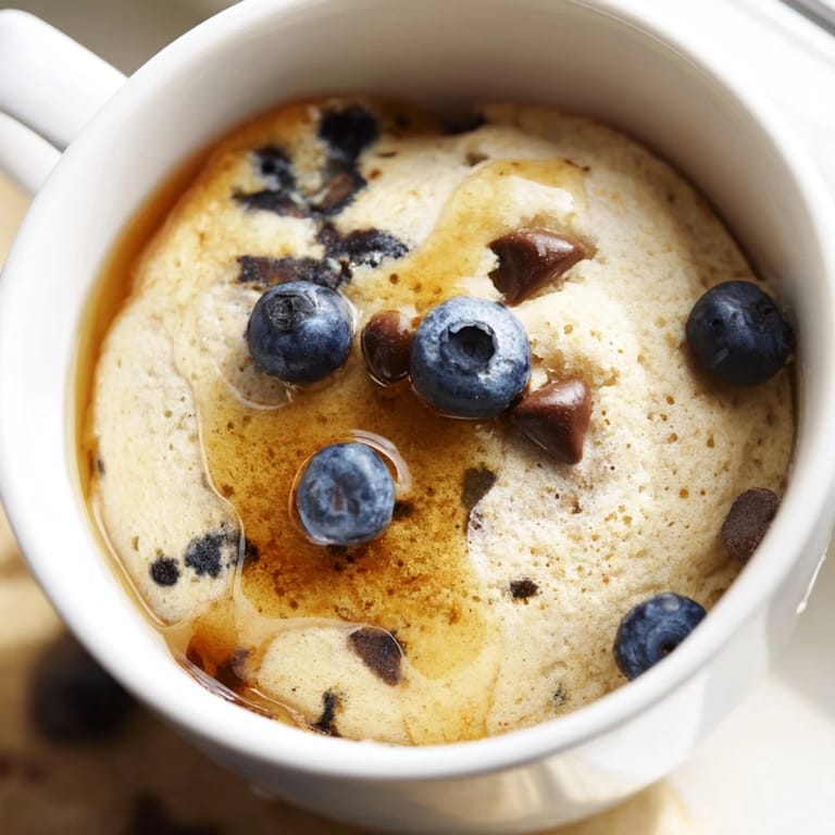 Warm and fluffy microwave mug pancakes presented in a mug, ideal for a fast, delicious snack.