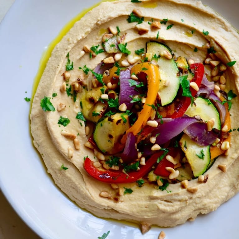 Smoky roasted vegetables and toasted pine nuts beautifully adorn a platter of flavorful Hummus Roasted Veggies.