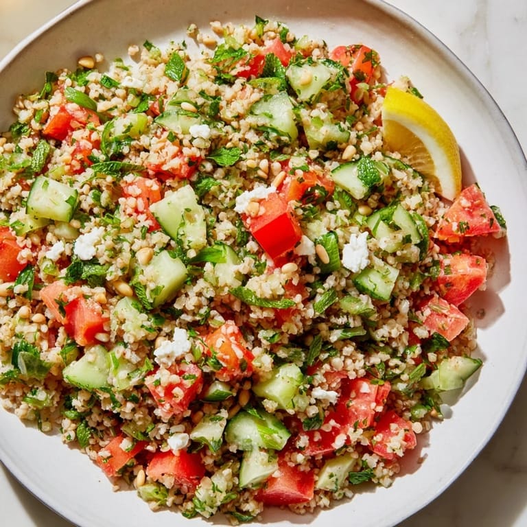 This Tabbouleh Grain Bowl features bulgur wheat with bright red tomatoes, a refreshing vegetarian salad.