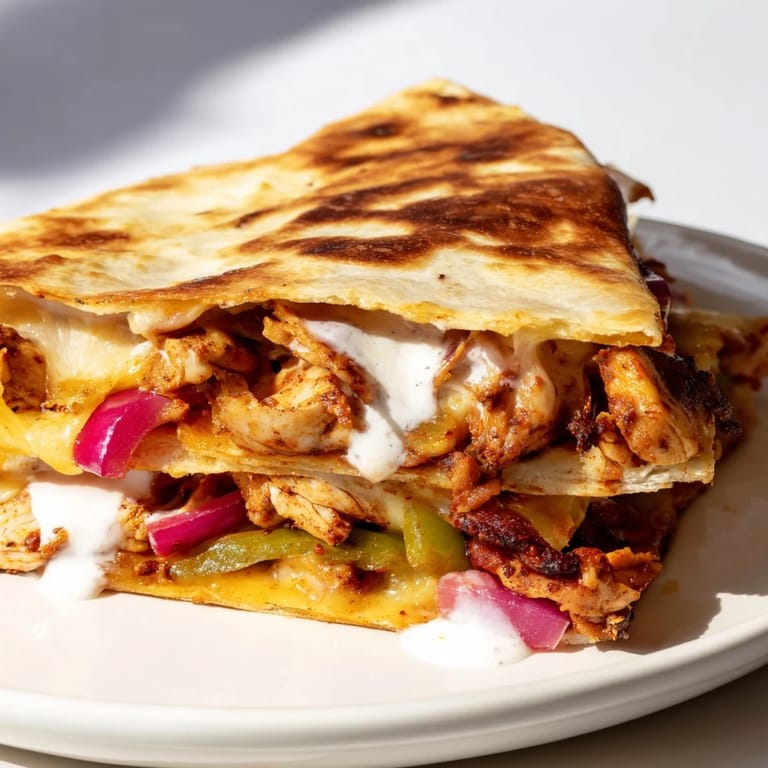 A close-up shot of a Tandoori Chicken Quesadilla cut into wedges, ready to eat and enjoy.