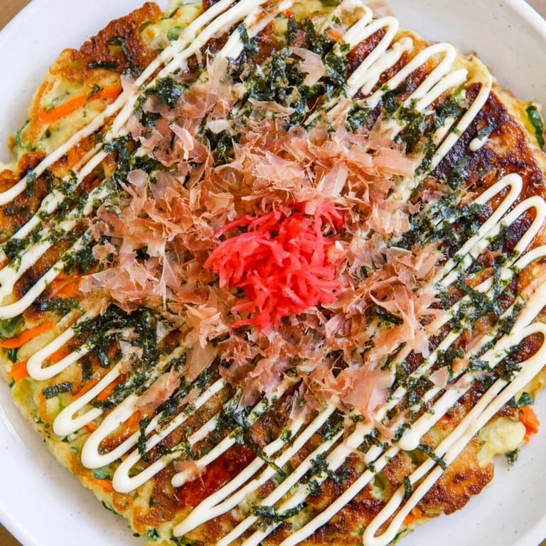 This plate of flavorful Okonomiyaki pancakes is topped with scallions and savory okonomiyaki sauce.