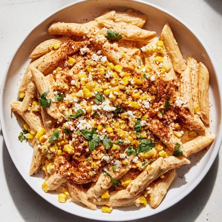 Delicious Mexican Street Corn Pasta, with crumbled cotija and cilantro, ready to be enjoyed.