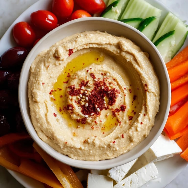 Delectable Middle Eastern Mezze Platter, inviting with hummus, crunchy vegetables, and savory bites for sharing.