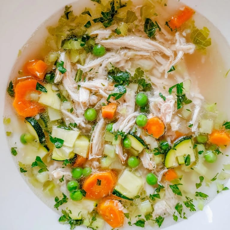 Warm bowl of Spring Garden Chicken Soup, garnished with chopped parsley, served alongside crusty bread for a comforting lunch.