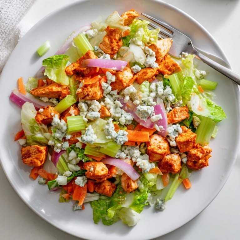 Blue cheese crumbles and diced celery top the Buffalo Chicken Chopped Salad, served with ranch dressing on the side.