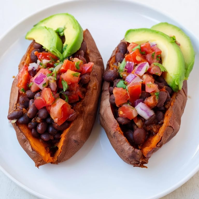 A close-up of the Roasted Sweet Potatoes With Chipotle Black Beans and Zesty Tomato Salsa, garnished with avocado slices and fresh cilantro.  