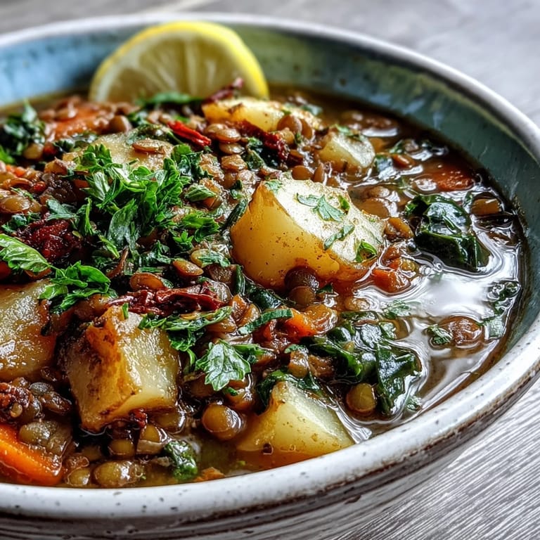 Warm bowl of Vegetarian Lentil Stew, perfect with crusty bread for dipping on a cold day.