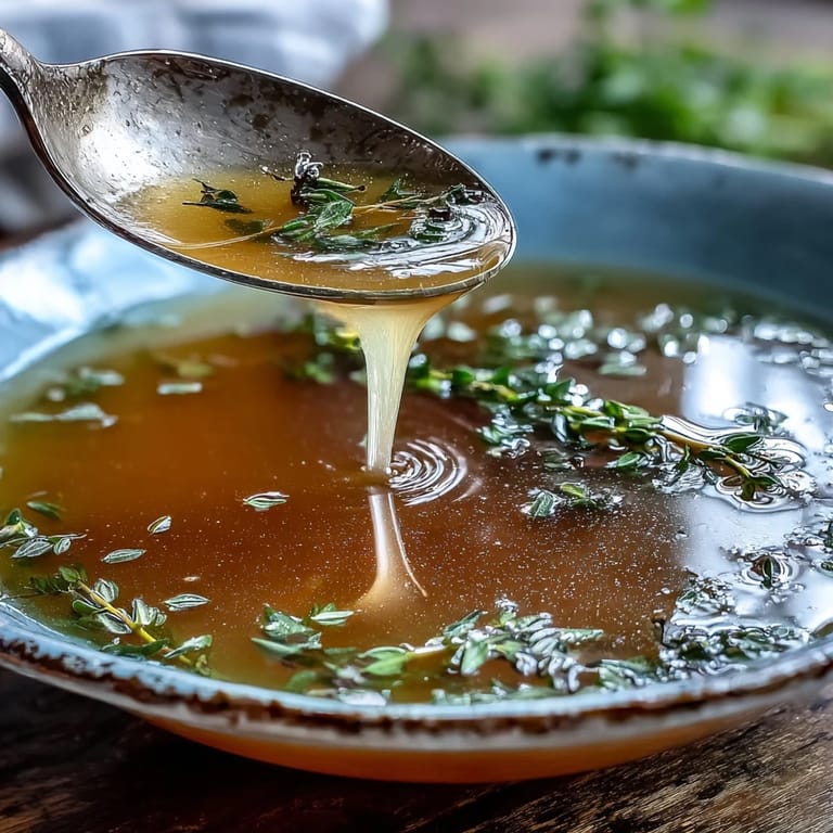 Deep pot filled with simmering Vegetable Broth From Scraps, strained into a glass measuring cup for storage.