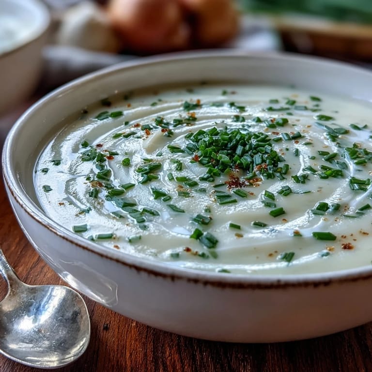 Top-down view of Creamy Celery Root Bisque in a rustic bowl, garnished with parsley and paired with crusty bread.