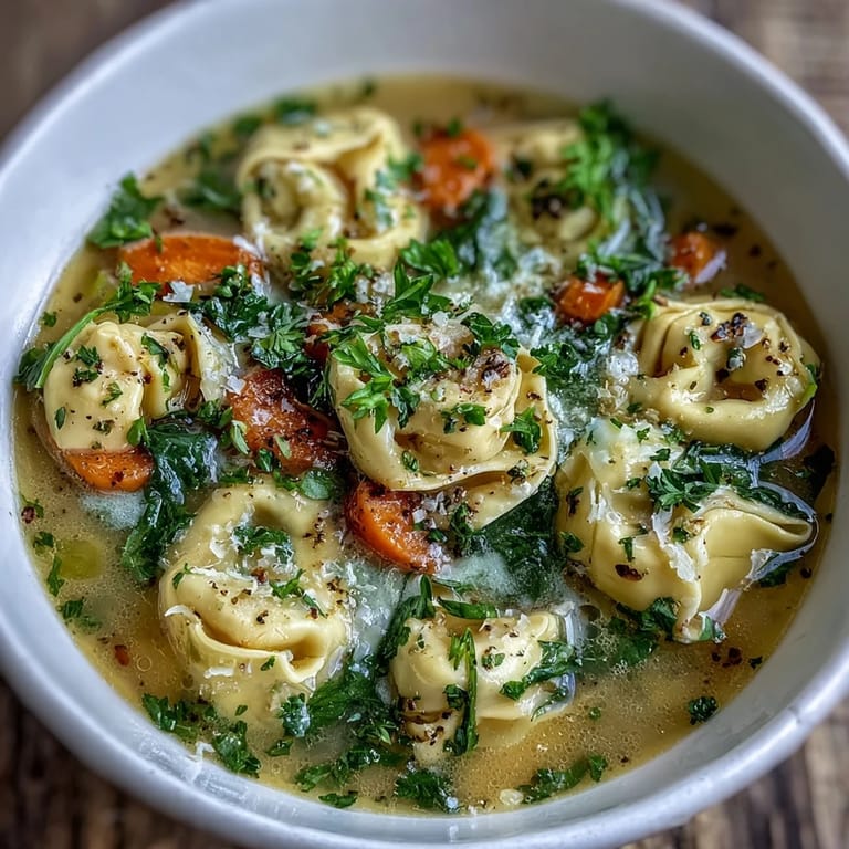 Easy Tortellini Soup with Chicken Broth features colorful veggies and creamy broth, served with crusty bread.