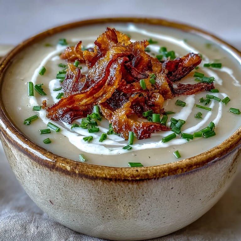 A glossy, velvety Creamy Celeriac Soup with Crispy Bacon garnished with fresh parsley and cracked black pepper.