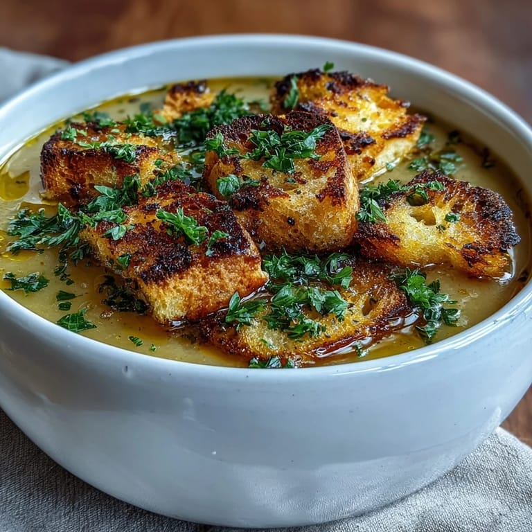 Golden-brown roasted garlic cloves simmering in a pot, blending into a velvety Roasted Garlic Soup with thyme and vegetable broth.