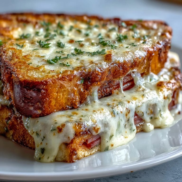 A close-up of bubbling Croque Monsieur Casserole with creamy béchamel sauce and golden-brown cheese topping on a rustic table.