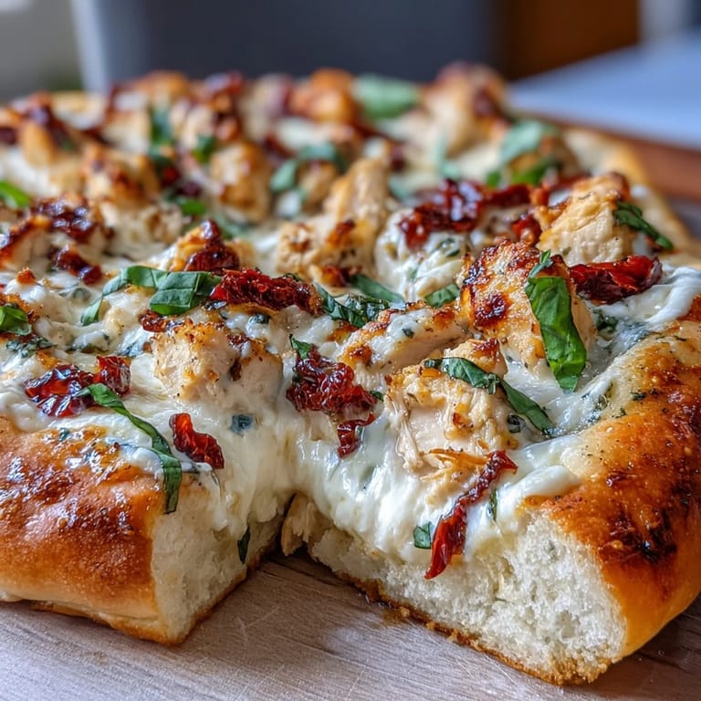 Sliced Marry Me Chicken Pizza on a wooden board, melted cheese and herbs ready to serve.