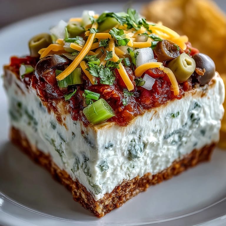 Close-up view of a 4-Way Layered Dip featuring creamy sour cream and chunky salsa layers.