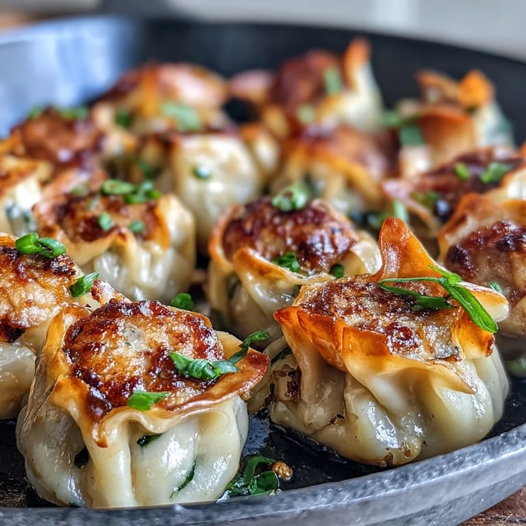 Close-up of a smash dumpling split open, revealing a juicy pork and cabbage filling flecked with scallions and ginger.