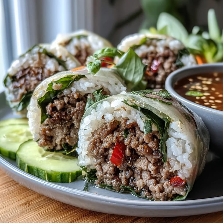 Thai Basil Beef Rolls arranged on a ceramic platter, ready for dipping with a bright, tangy, and spicy sauce.