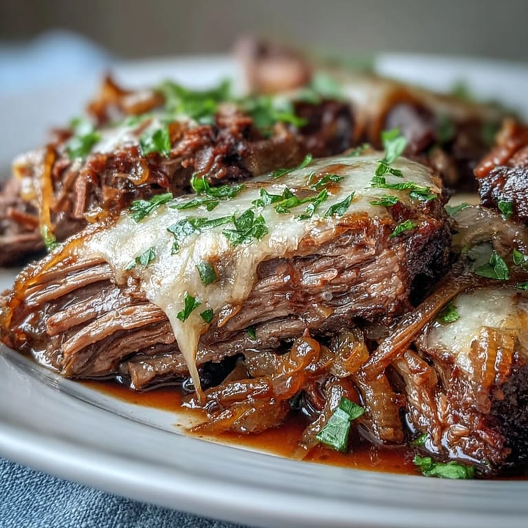 Slow cooker Savory Crock Pot French Onion Pot Roast in a ceramic insert, served with fresh parsley and a side of mashed potatoes.