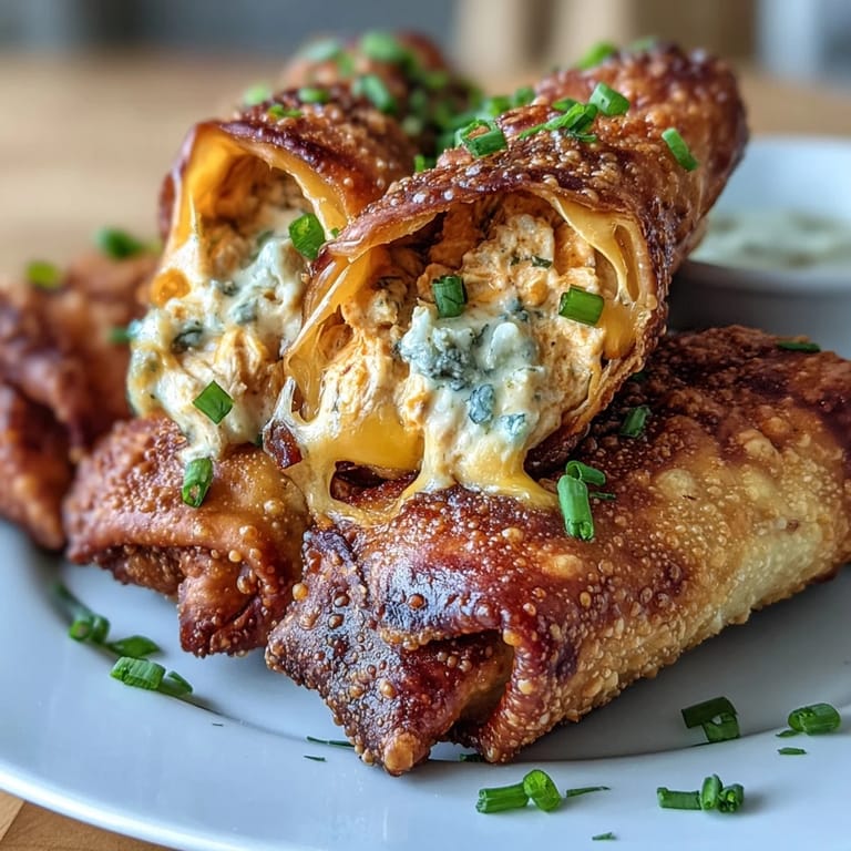 Crispy Buffalo Chicken Dip Egg Rolls on a platter with celery sticks and blue cheese sauce, perfect for game day.  