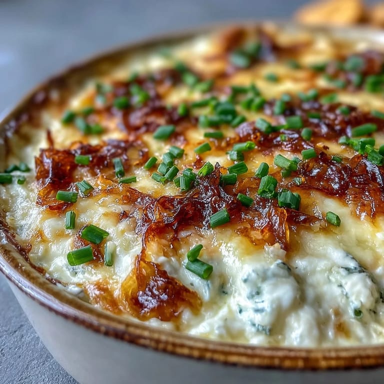 Tangy sour cream and caramelized onions swirl with smoky Gouda in this creamy party dip.  