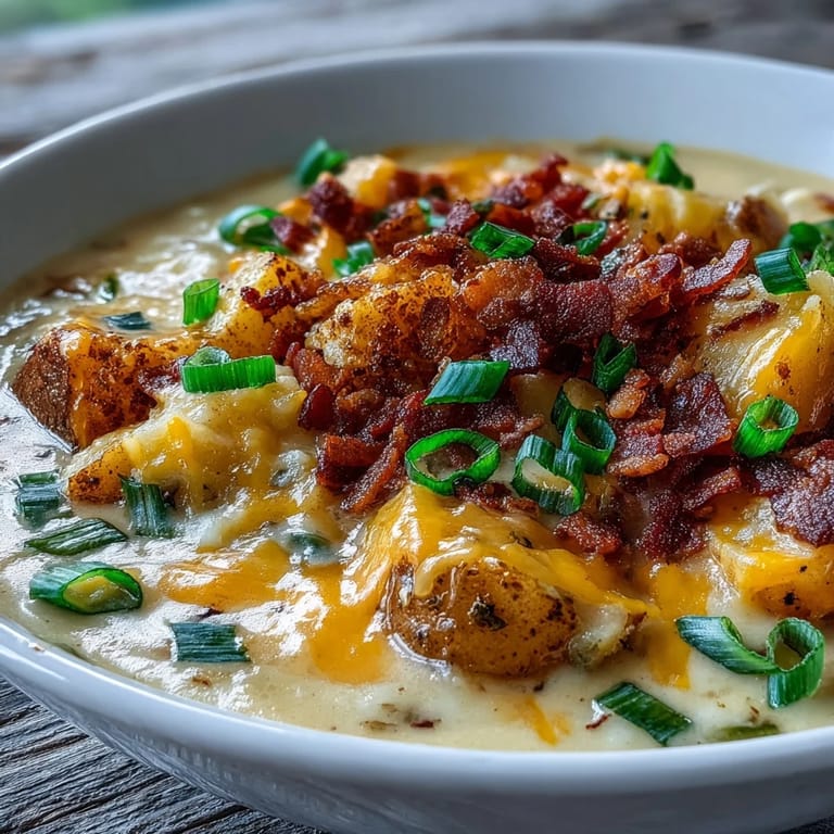 Creamy Loaded Potato Soup with cheddar cheese and bacon crumbles served steaming hot in a rustic bowl.