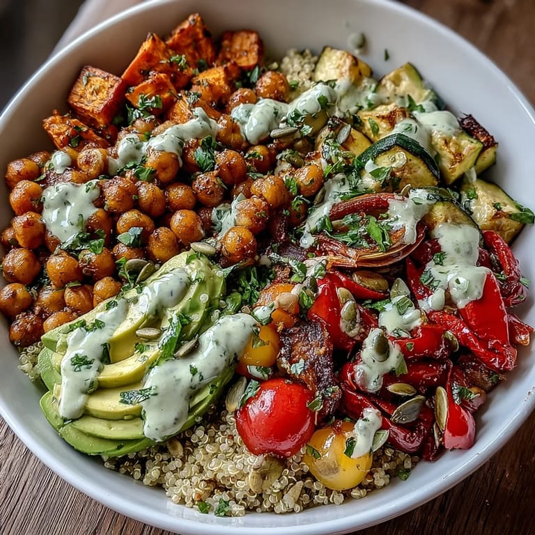 This nourishing Chickpea Power Bowl features warm roasted veggies, fluffy grains, and a generous drizzle of tahini.