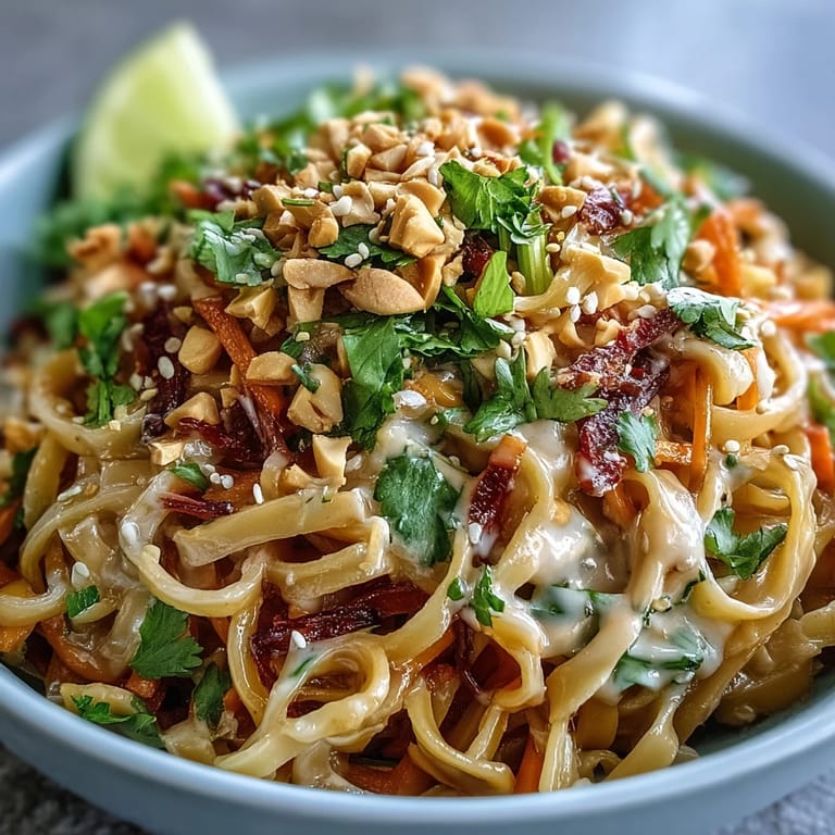 Freshly prepared Asian Peanut Noodle Bowl topped with crunchy peanuts and sesame seeds, perfect for a quick vegetarian dinner.