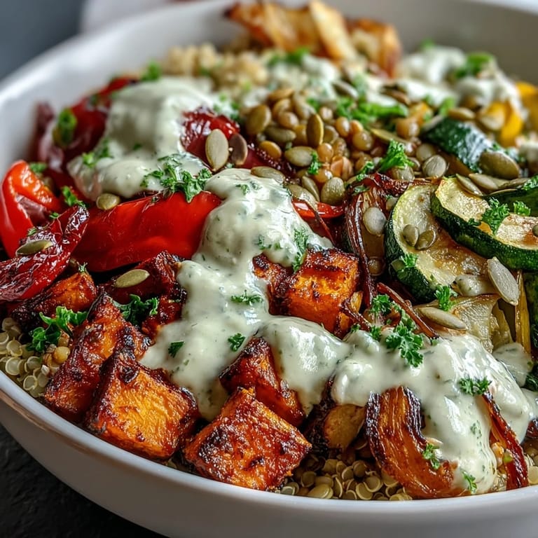 Enjoy a wholesome Lentil Power Bowl featuring creamy tahini dressing and crunchy pumpkin seeds for a nourishing meal.