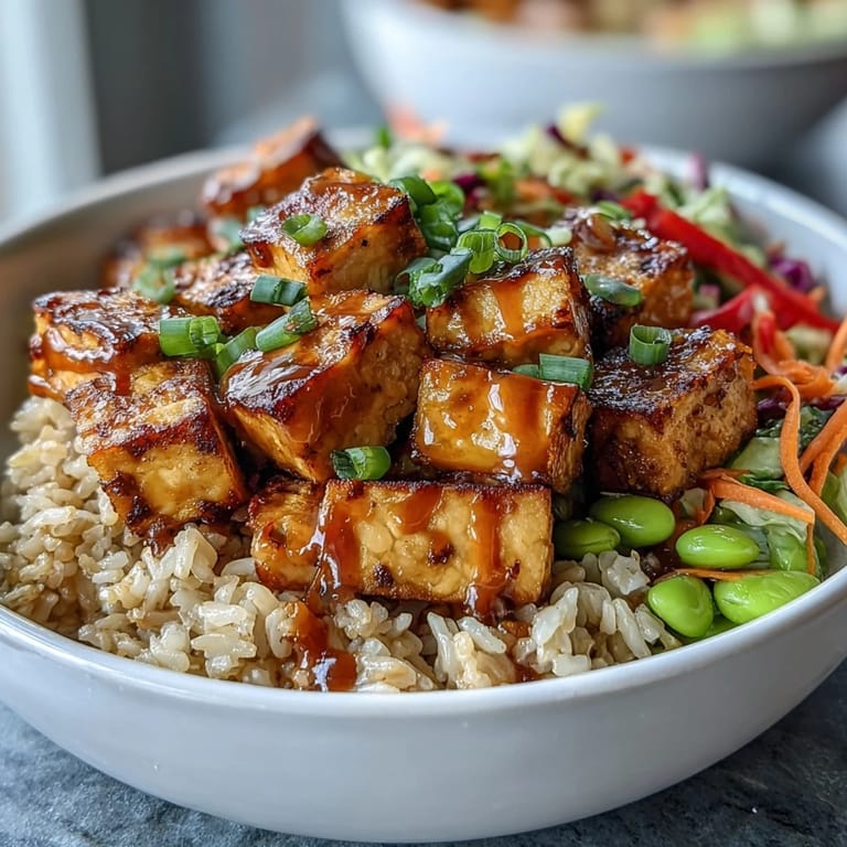 A close-up of golden tofu, fluffy quinoa, and colorful veggies in a Peanut Tofu Power Bowl, garnished with fresh cilantro.