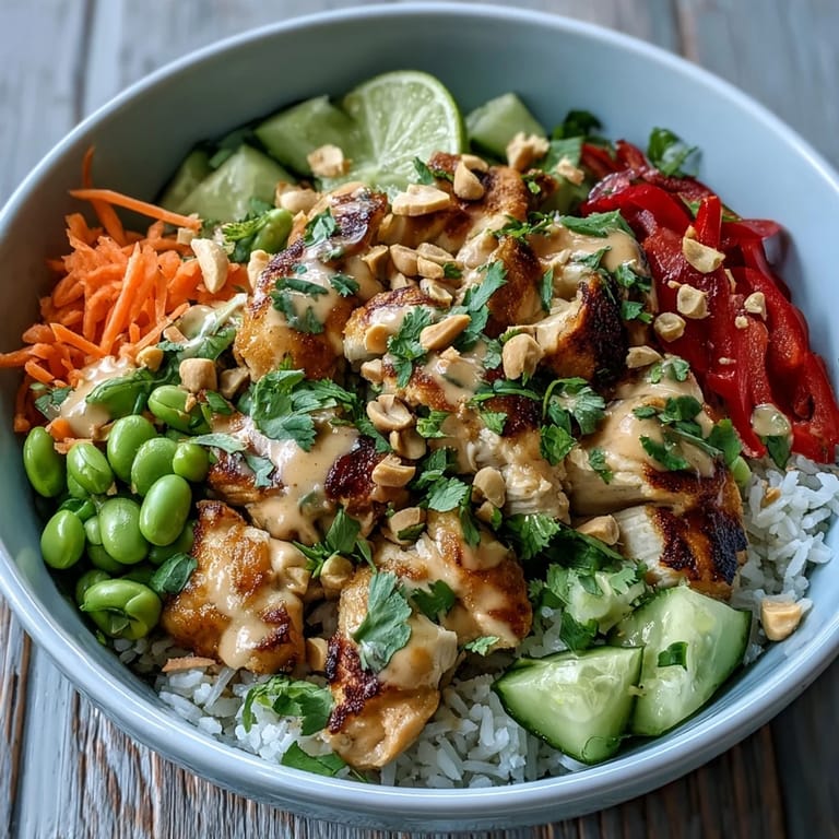 Thai Peanut Chicken Bowl featuring tender chicken, colorful vegetables, and fluffy coconut rice for dinner.