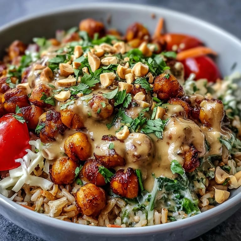 Ready to serve Peanut Chickpea Protein Bowl, featuring golden roasted chickpeas, shredded cabbage, and carrot ribbons tossed in a savory peanut dressing.