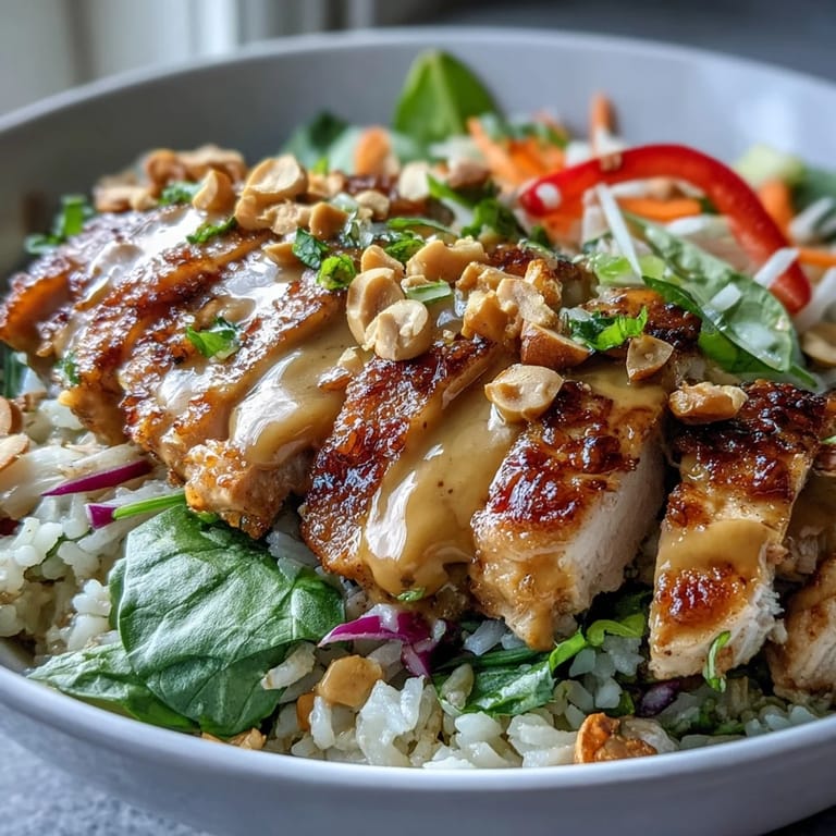 Colorful Peanut Chicken Power Bowl with tender chicken over brown rice, shredded purple cabbage, carrot, and cucumber slices.