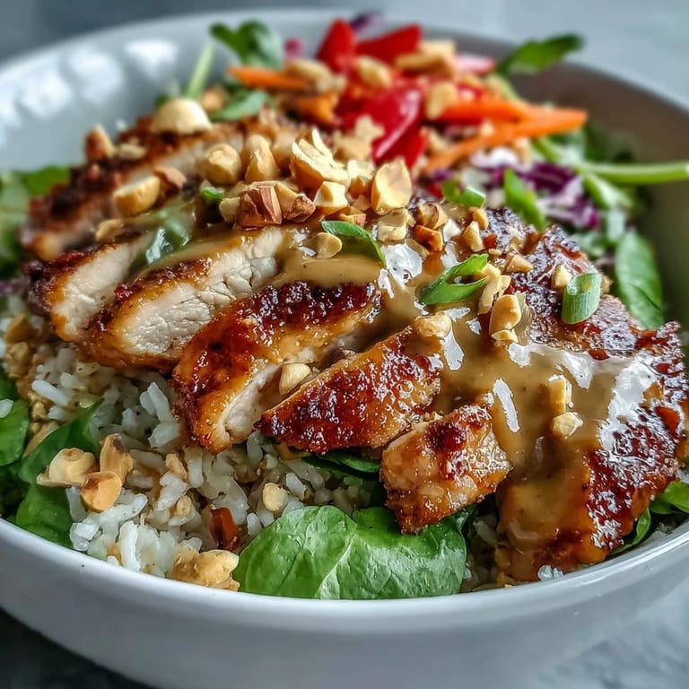 Freshly garnished Peanut Chicken Power Bowl topped with chopped peanuts, cilantro, and lime wedges for a zesty finish.