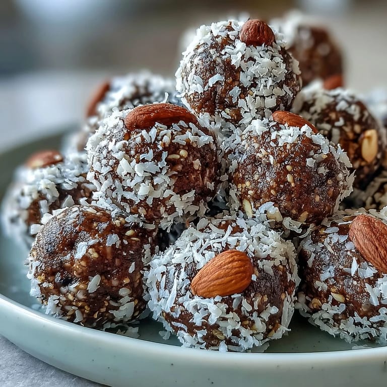 Freshly rolled Hojicha Energy Balls packed with Medjool dates, cashews, and almonds are grouped on a wooden cutting board.