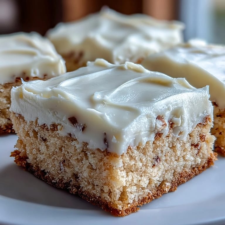 A close-up of frosted Almond Flour Sugar Cookie Bars revealing a soft, chewy interior.
