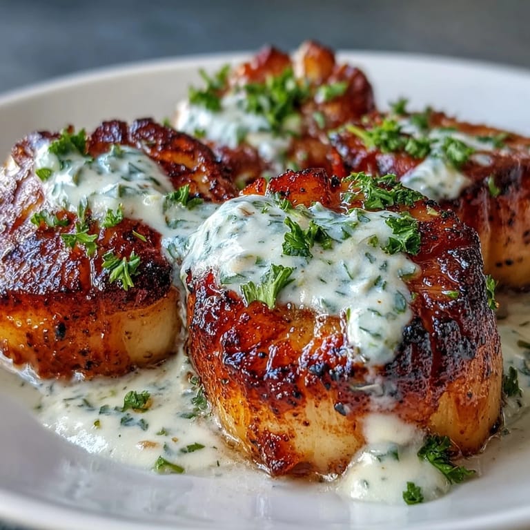 Perfectly cooked scallops with spicy Cajun cream sauce, garnished with parsley on a rustic dinner plate.