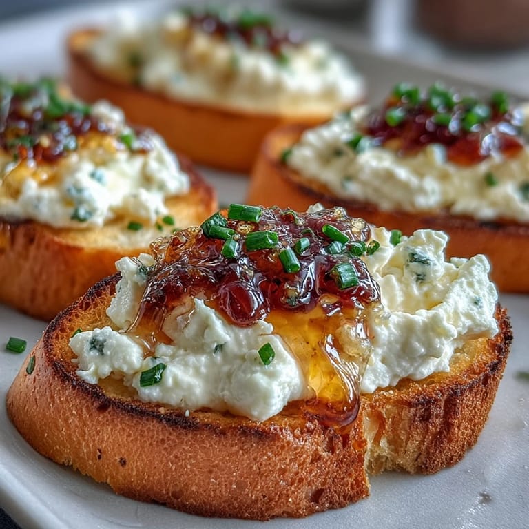 A platter of hot honey goat cheese crostini, featuring drizzled spicy honey and creamy cheese on crunchy bread.